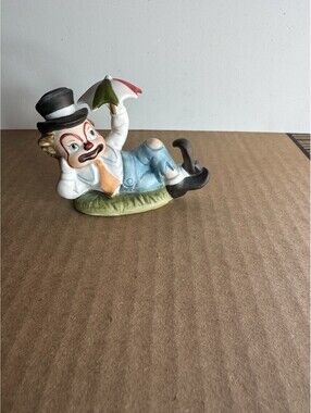 Vintage Lefton Clown Figure with Umbrella Top Hat 02356 Bisque Porcelain 1987